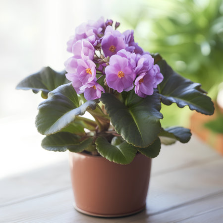 Beautiful violet flowers in a pot on a wooden table, close-upの素材