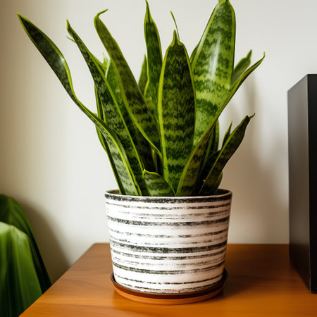 Sansevieria trifasciata plant in ceramic pot on wooden tableの素材
