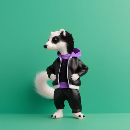 3D illustration of a white and black polecat dressed in a purple jacket and a purple scarfの素材