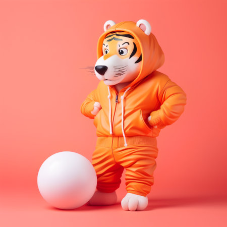 3d illustration of a tiger in an orange jumpsuit with a white ballの素材