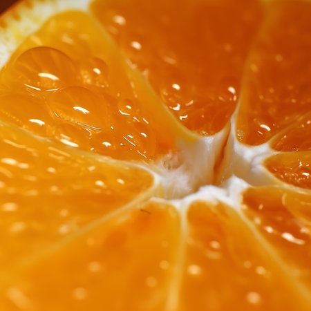 Close-up of a slice of orange with water droplets.の素材