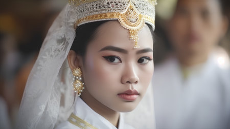 Portrait of a beautiful Asian bride in thai wedding dress.の素材