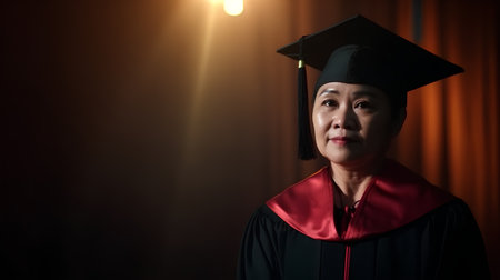Portrait of a senior asian woman in graduation gown and capの素材