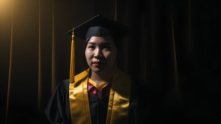 Portrait of a young asian female graduate in cap and gown on stageの素材