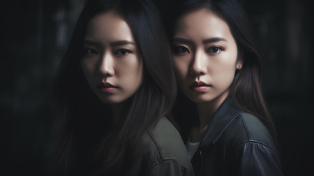 Portrait of two young asian women looking at camera with serious face.の素材