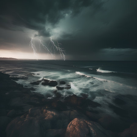 Stormy seascape with lightning and rocks on the foreground.の素材