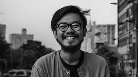 Young handsome Asian hipster man with beard and glasses in urban backgroundの素材