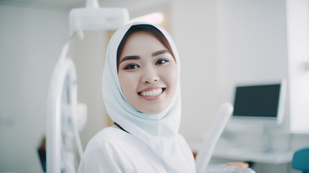 portrait of asian muslim woman smiling at dental clinic.の素材