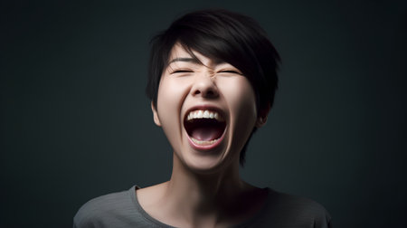 Portrait of a beautiful young asian woman screaming on dark backgroundの素材