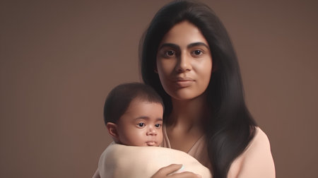 Portrait of beautiful mother with her little daughter on a brown backgroundの素材