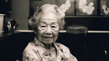 Portrait of an elderly asian woman. Black and white photo.の素材