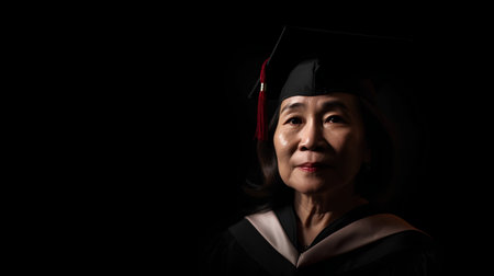 Portrait of senior asian woman wearing graduation gown and cap, isolated on black background.の素材