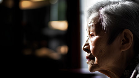 Portrait of an elderly woman at home. Selective focus.の素材