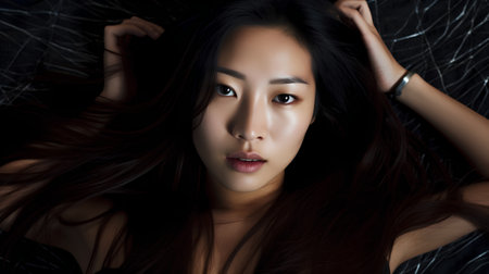 Portrait of beautiful asian woman with long hair on dark backgroundの素材