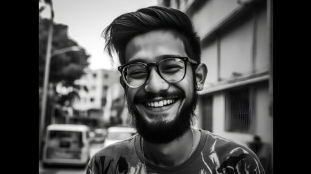 Portrait of a young man with a beard and glasses on the streetの素材