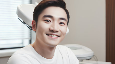 Young asian male patient smiling and looking at camera while sitting in dental clinicの素材