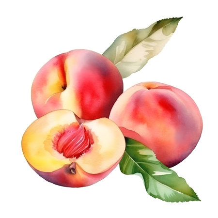 Peach. Hand drawn watercolor illustration isolated on white background.の素材