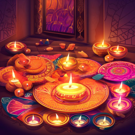 Happy Diwali diya background with burning candles. Vector illustrationの素材