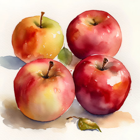 Watercolor illustration of red and yellow apples on a white background.の素材