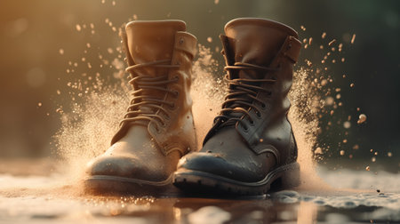 Pair of old military boots on a wet asphalt with splashes of waterの素材