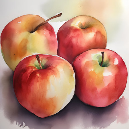 Watercolor illustration of red and yellow apples. Hand drawn watercolor illustration.の素材