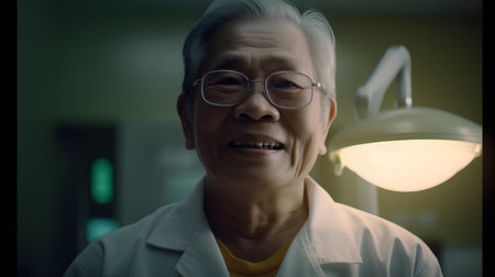Portrait of senior asian doctor smiling while looking at camera.の素材