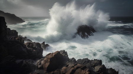 Big stormy wave breaking on a rocky coast. 3d renderingの素材