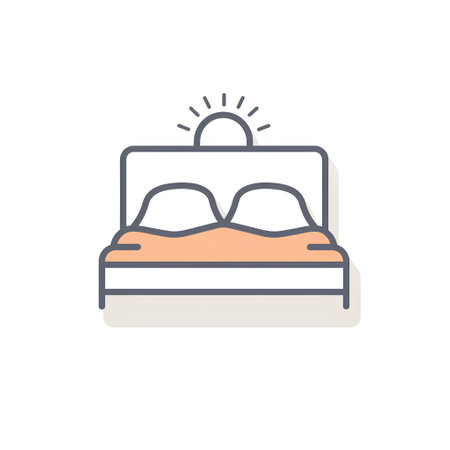 Bed vector icon in flat style. Bed with sun and clouds.の素材