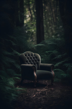 Luxury leather armchair in dark forest. 3d renderingの素材