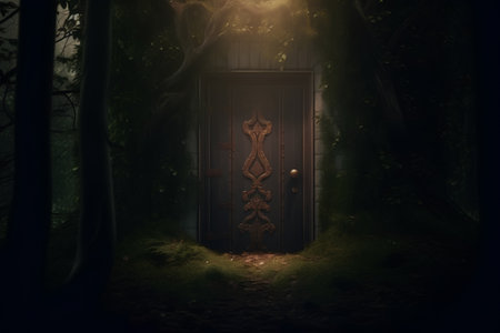 Door in the forest with lights coming out of it, 3d renderの素材