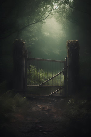Mystical foggy forest with wooden gate. Halloween concept.の素材