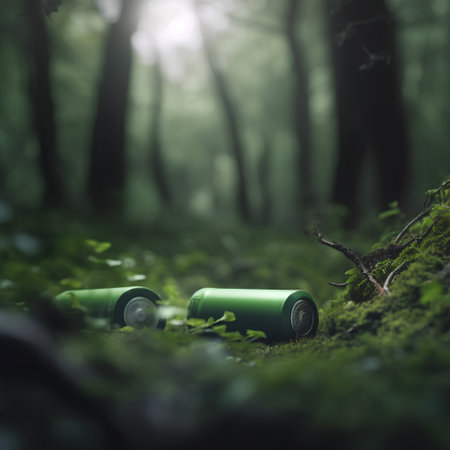 Green batteries in the forest. Environmental pollution concept. 3D Renderingの素材