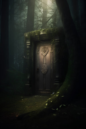Old door in the dark mysterious forest. Halloween concept. 3D Renderingの素材