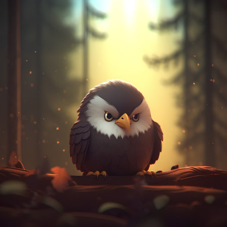 Cute cartoon eagle sitting on the ground in the forest at sunsetの素材