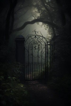 Mysterious dark foggy forest with door and lantern. Halloween conceptの素材
