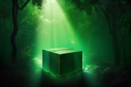 Fantasy green forest with wooden podium and rays of light. 3d renderの素材