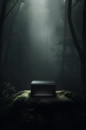Dark forest with fog and empty podium. 3D Rendering.の素材