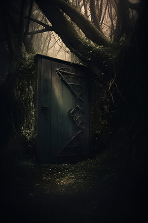 Old door in the forest. Halloween concept. 3D Renderingの素材