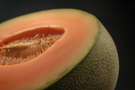 Close up of a cantaloupe melon on black backgroundの素材