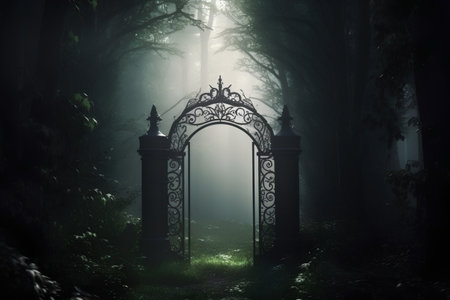 Mysterious dark forest with old wrought iron gate in the fogの素材