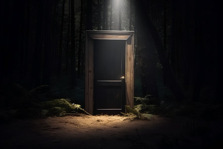 Wooden door in dark forest with light coming from the end, 3d renderの素材