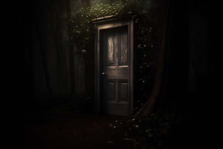 Wooden door in the dark forest. Halloween concept. 3D Renderの素材