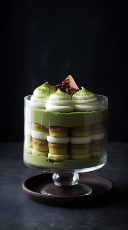 Green tea tiramisu dessert in glass over dark background. Square imageの素材
