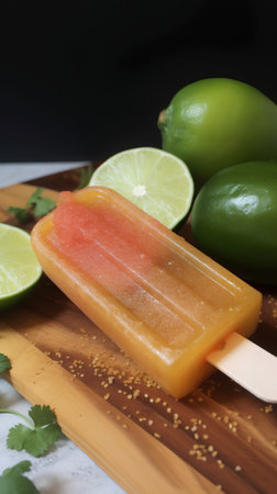 Fruit popsicles with lime and cilantro on a wooden boardの素材