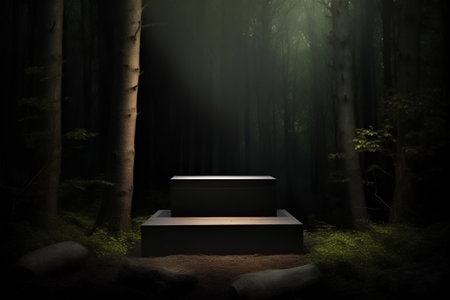 Dark forest scene with empty podium ready for your product 3D renderの素材