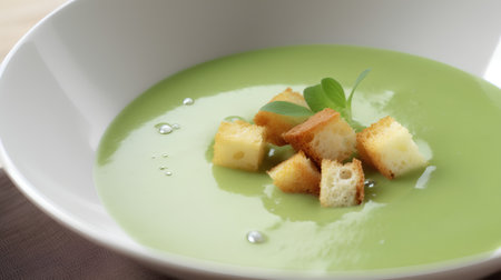 Creamy green soup with croutons and mint in a bowlの素材