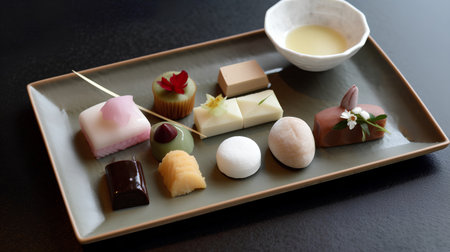 Japanese sweets on a plate on a black background, close-upの素材