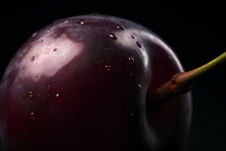 Ripe plum with water drops on a black background close-upの素材