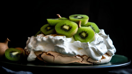 Pavlova cake with whipped cream and kiwi fruit on black backgroundの素材