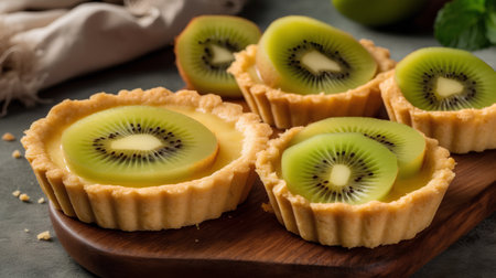 Tartlets with kiwi, selective focus, square imageの素材